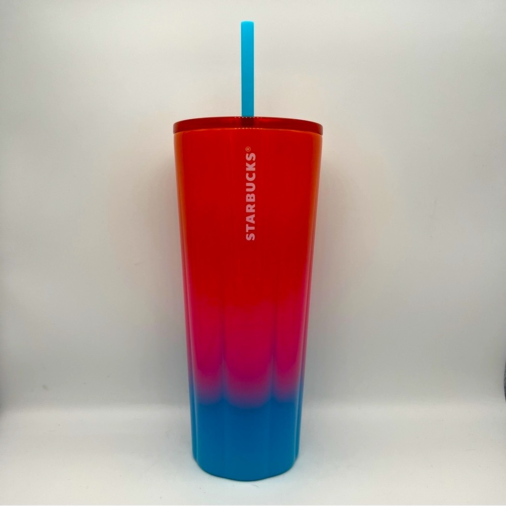 STARBUCKS Orange-Pink-Blue Ombre Scalloped Stainless Steel Cold Cup - 24 oz